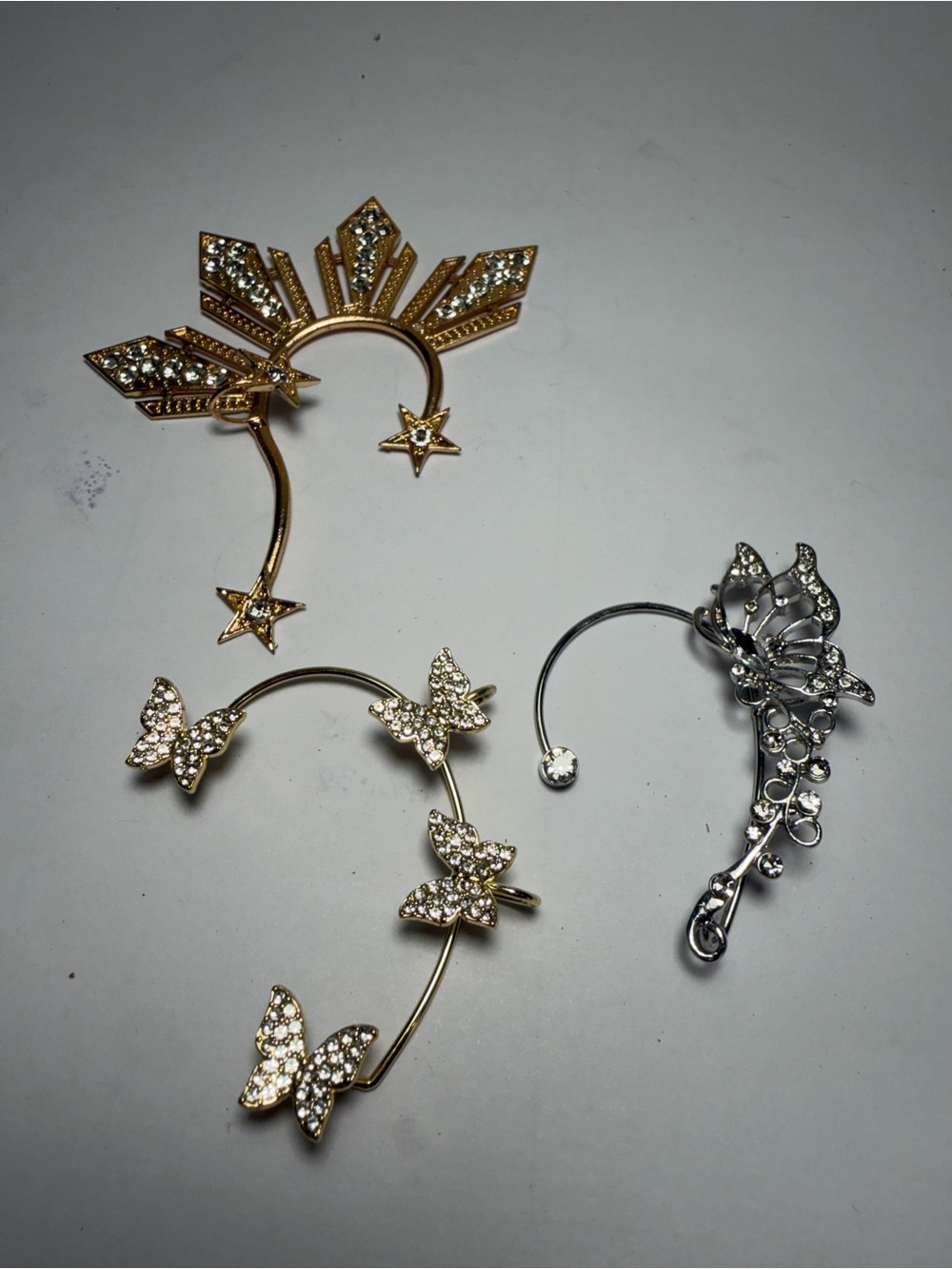 Crystal Butterfly & Star Ear Cuffs - Gold and Silver